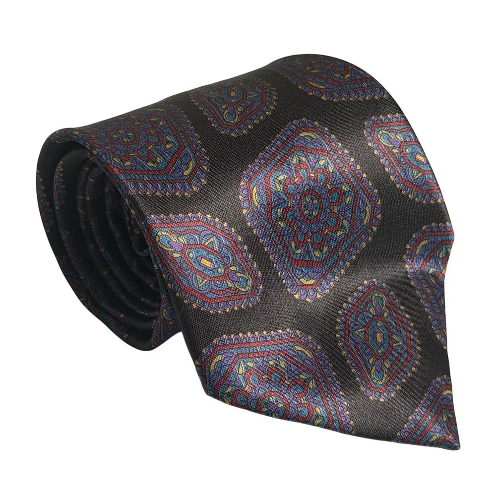 VTG Ketch Necktie Black Geometric Medallion Paisley Retro Formal Mens OS